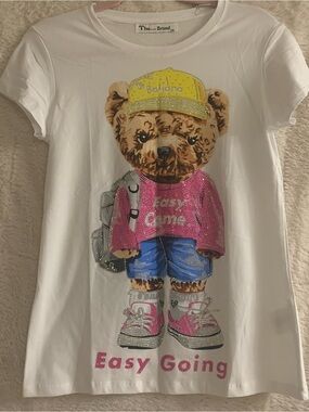 White Short Sleeve Rhinestone Tee with Pink Bear Graphic